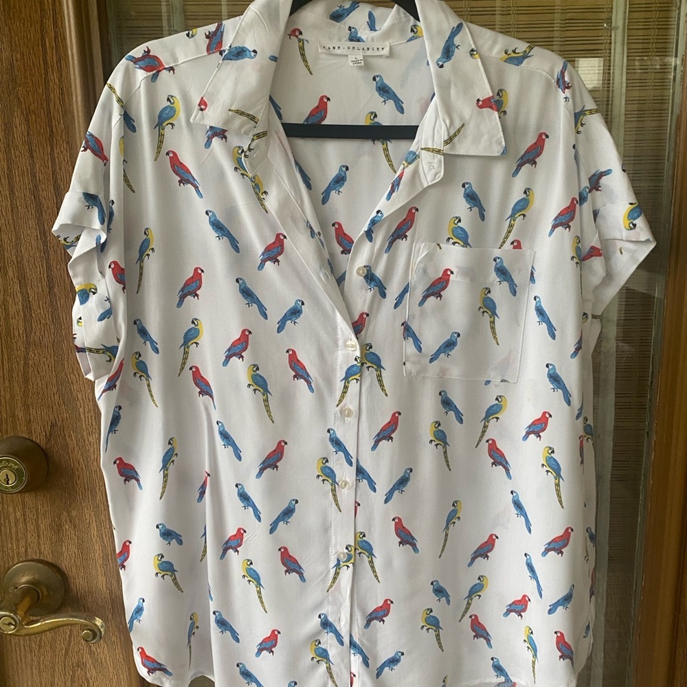 Jane and Delancey White Blouse with Colorful Bird Print